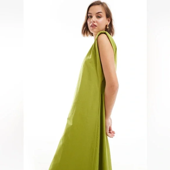 ASOS cotton midi dress with shoulder pads in olive green - Sz 6 - Picture 2 of 4